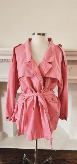 80s 90s Pink Cotton Denim Jacket Hip Length with Matching Belt by Together! Large