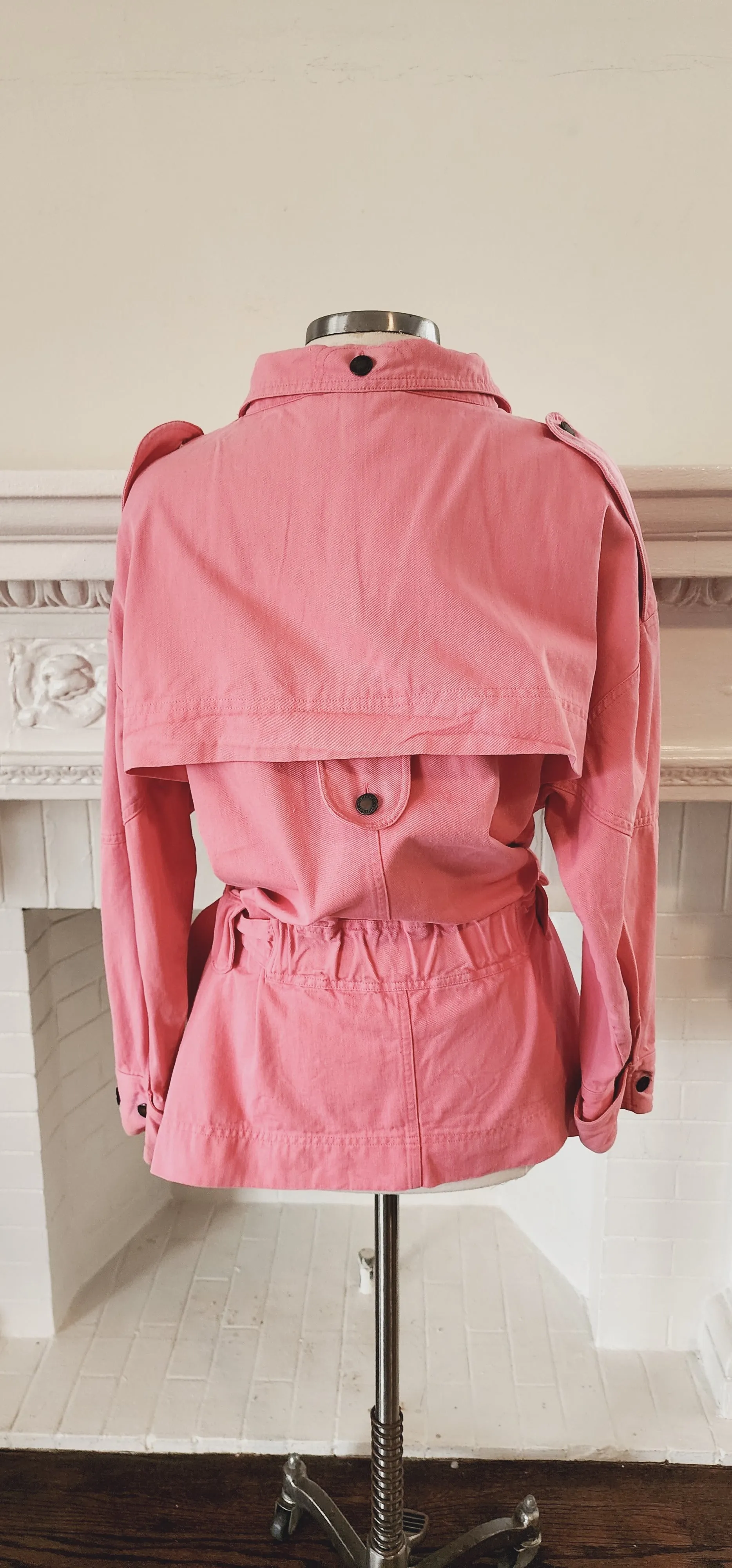 80s 90s Pink Cotton Denim Jacket Hip Length with Matching Belt by Together! Large