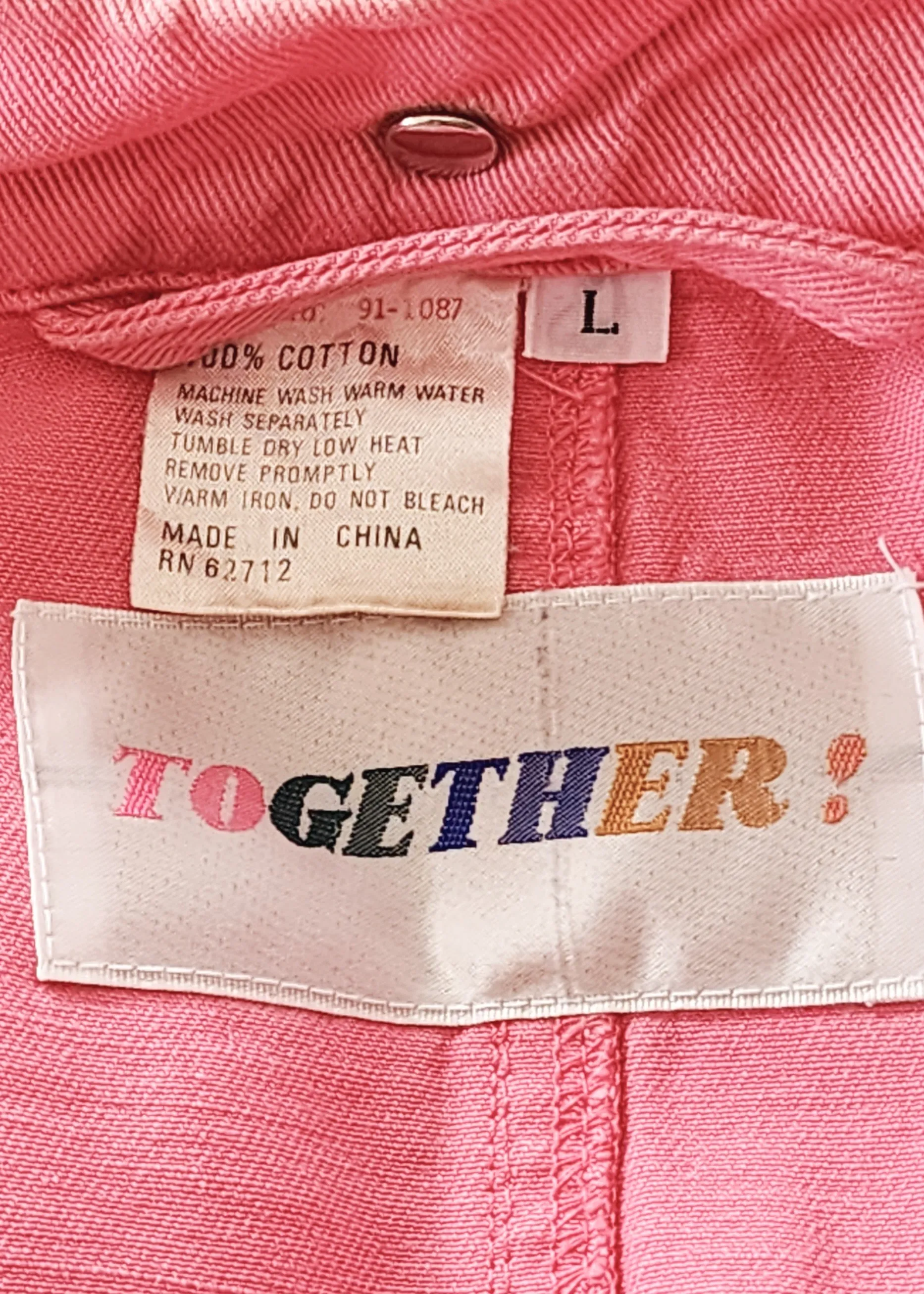 80s 90s Pink Cotton Denim Jacket Hip Length with Matching Belt by Together! Large