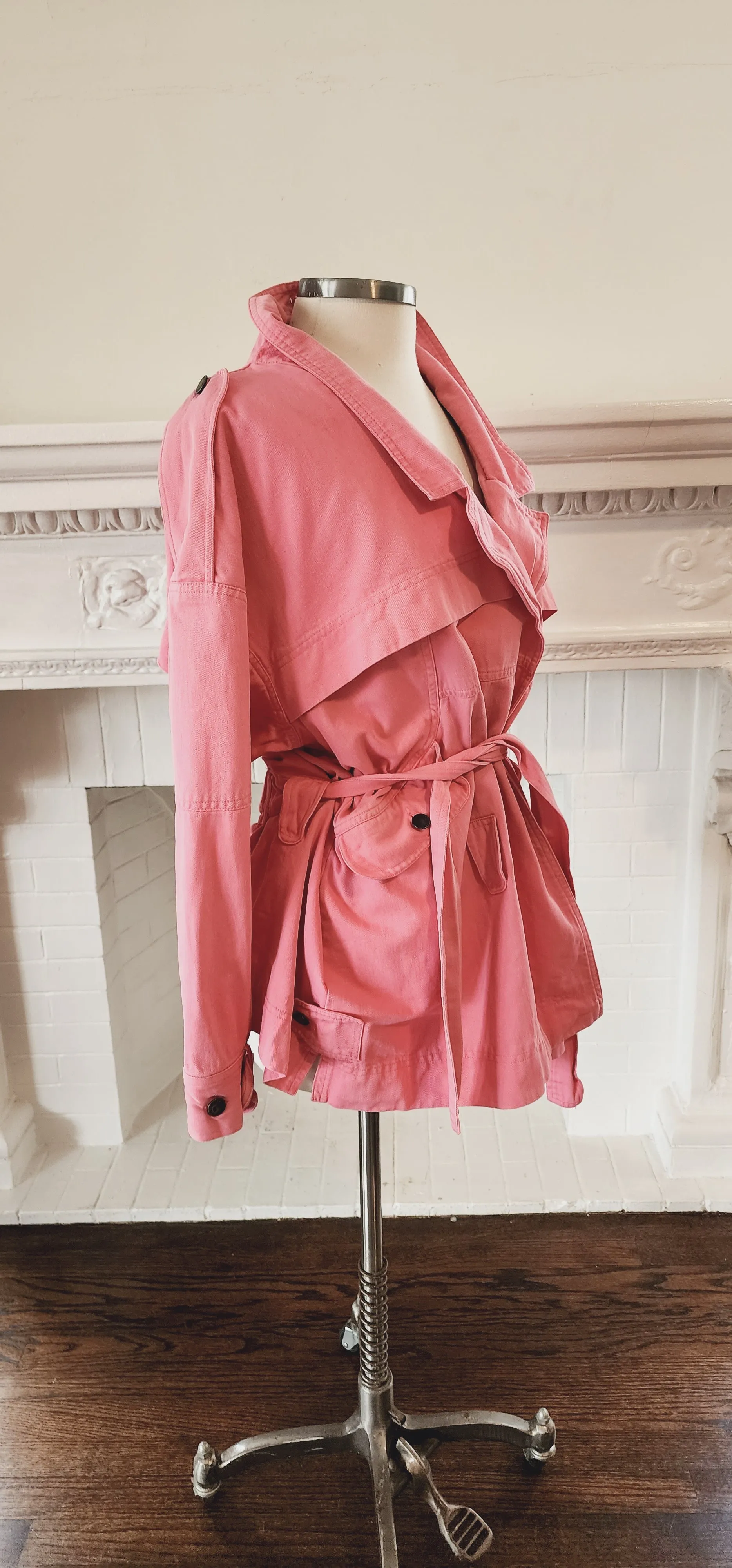 80s 90s Pink Cotton Denim Jacket Hip Length with Matching Belt by Together! Large