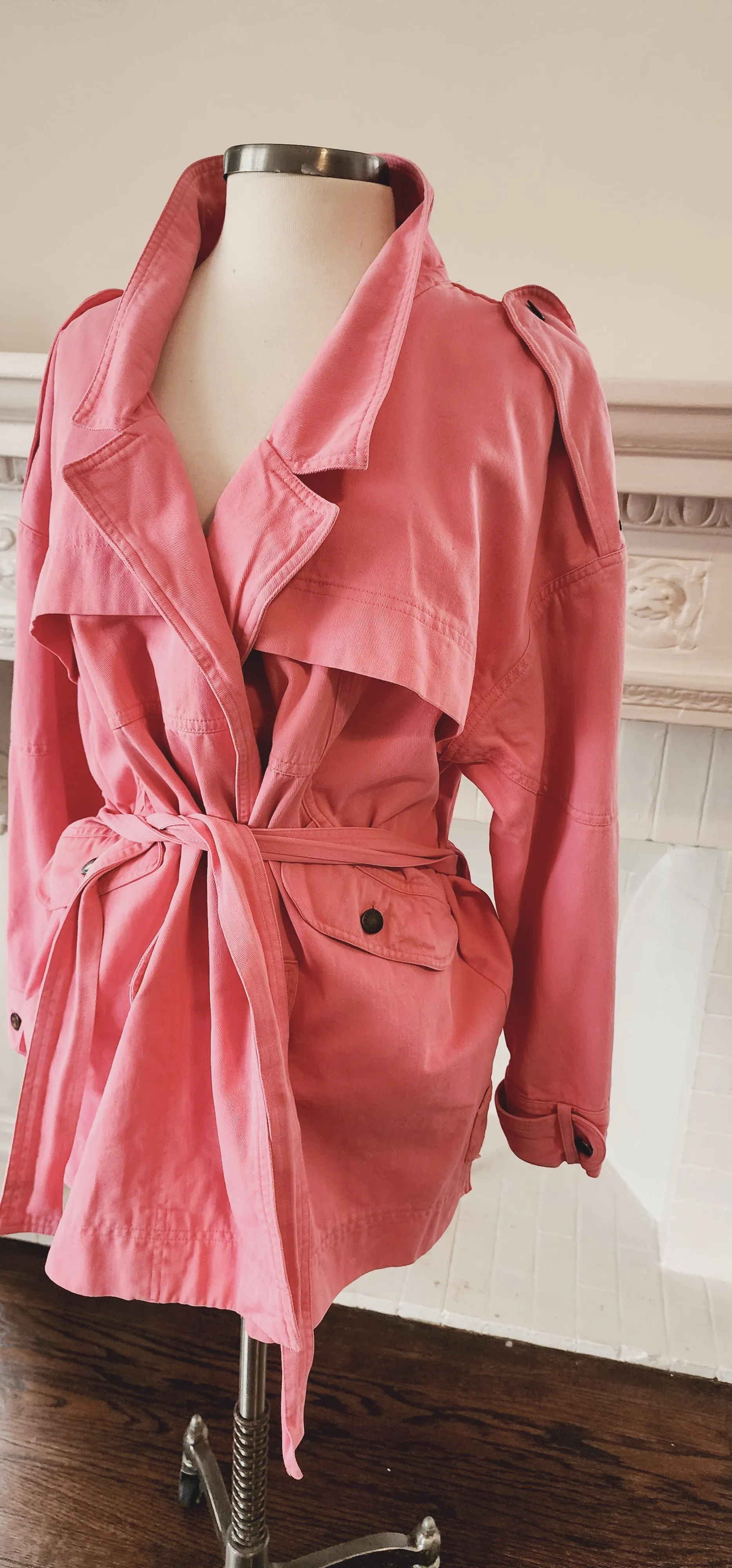 80s 90s Pink Cotton Denim Jacket Hip Length with Matching Belt by Together! Large