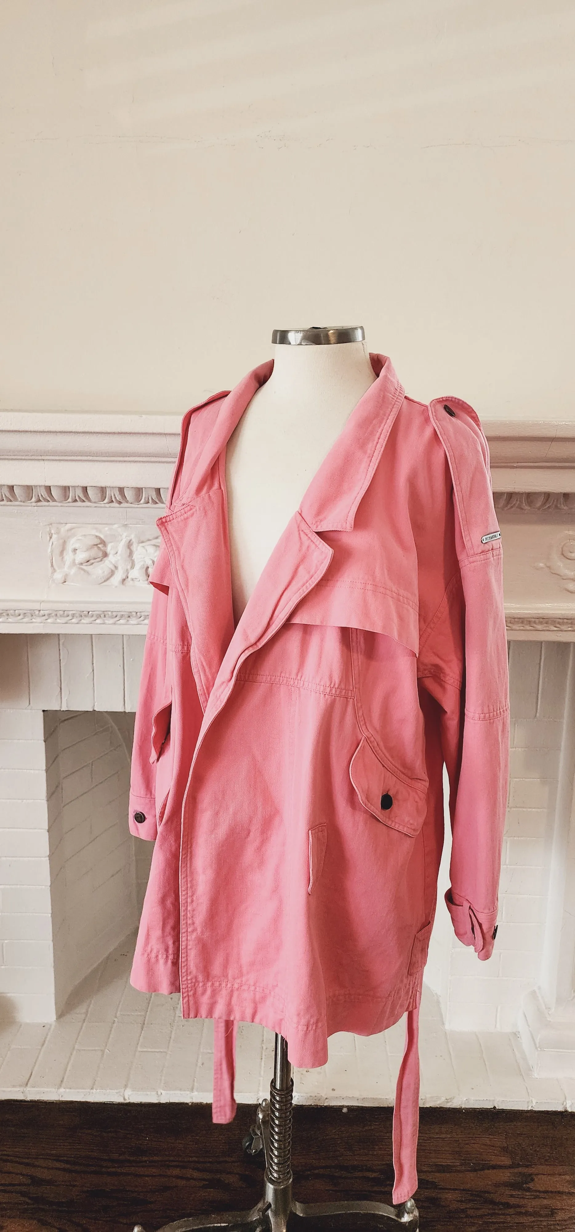 80s 90s Pink Cotton Denim Jacket Hip Length with Matching Belt by Together! Large