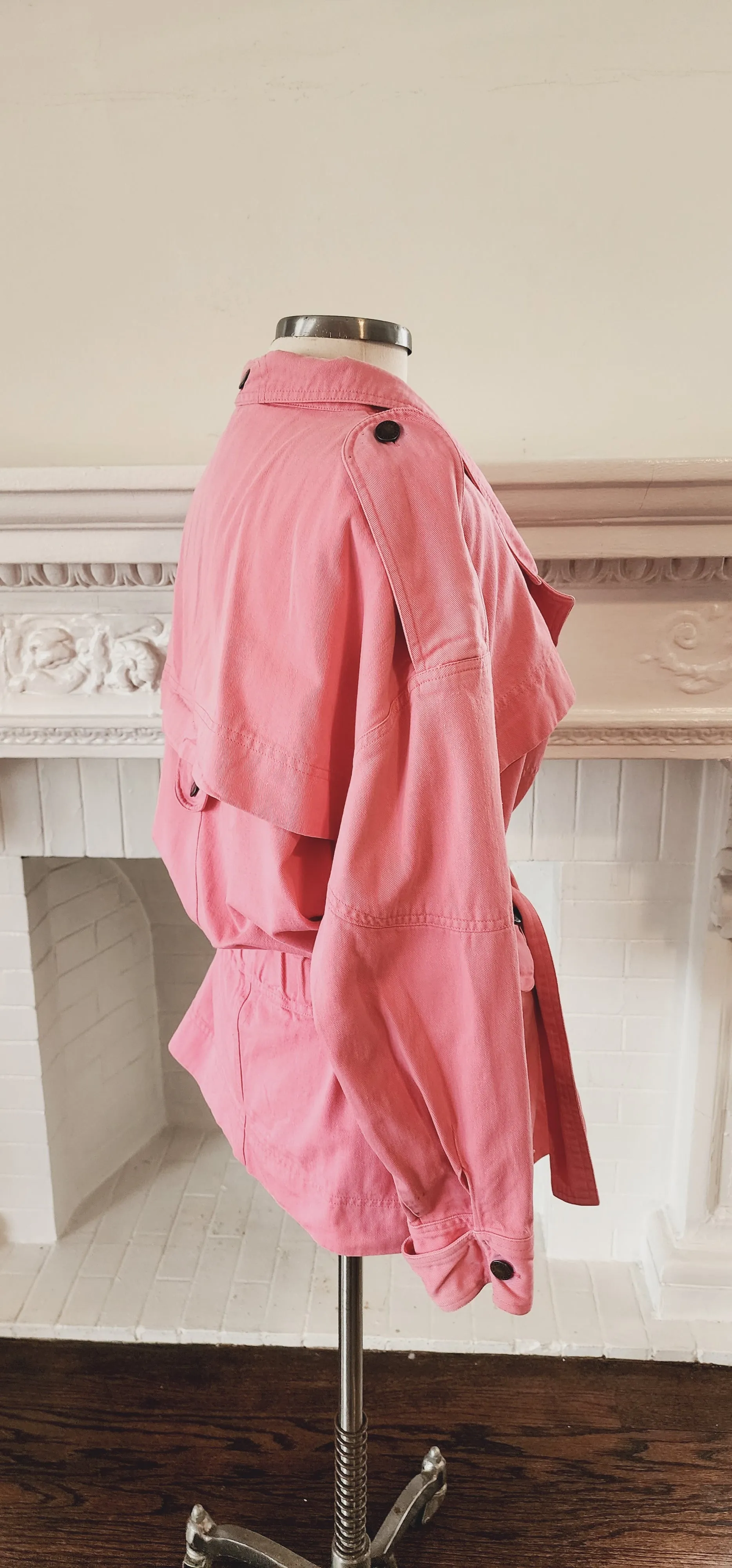80s 90s Pink Cotton Denim Jacket Hip Length with Matching Belt by Together! Large