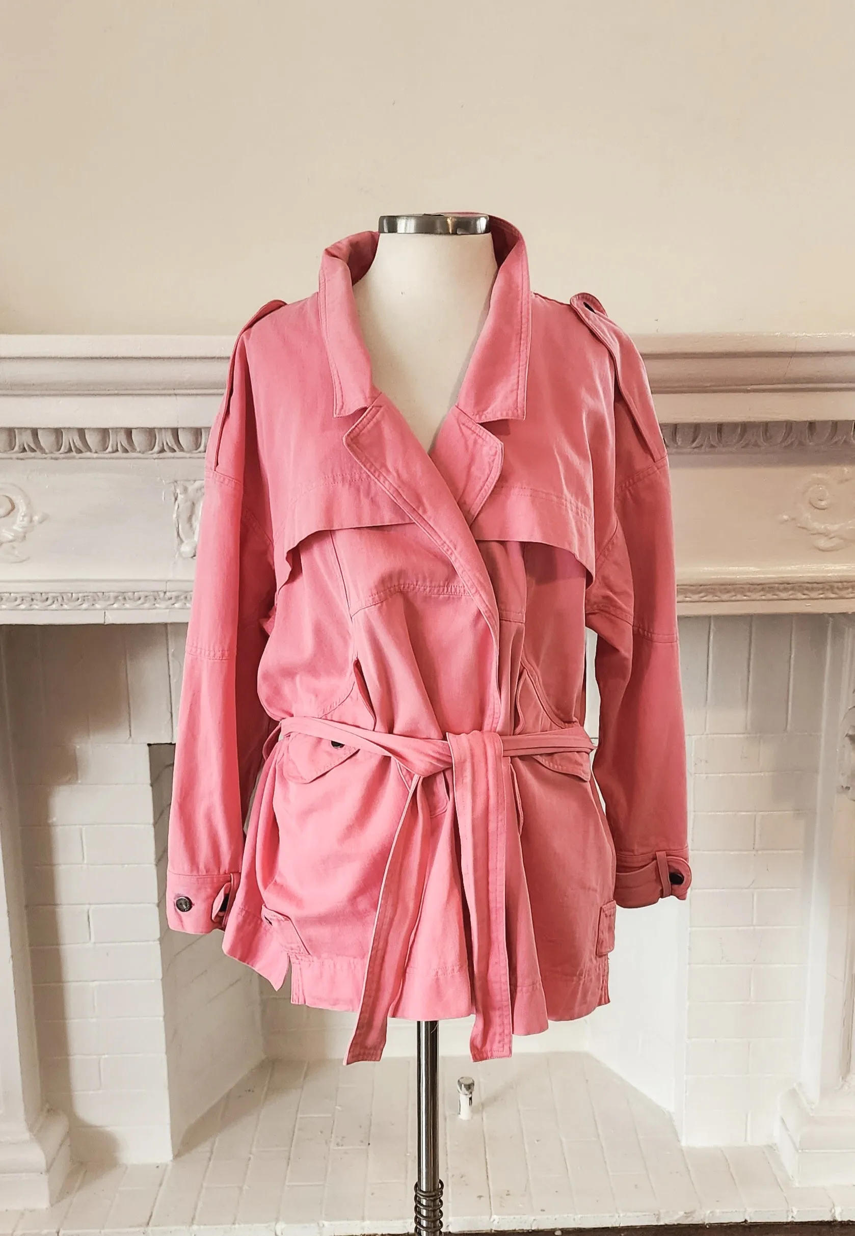 80s 90s Pink Cotton Denim Jacket Hip Length with Matching Belt by Together! Large
