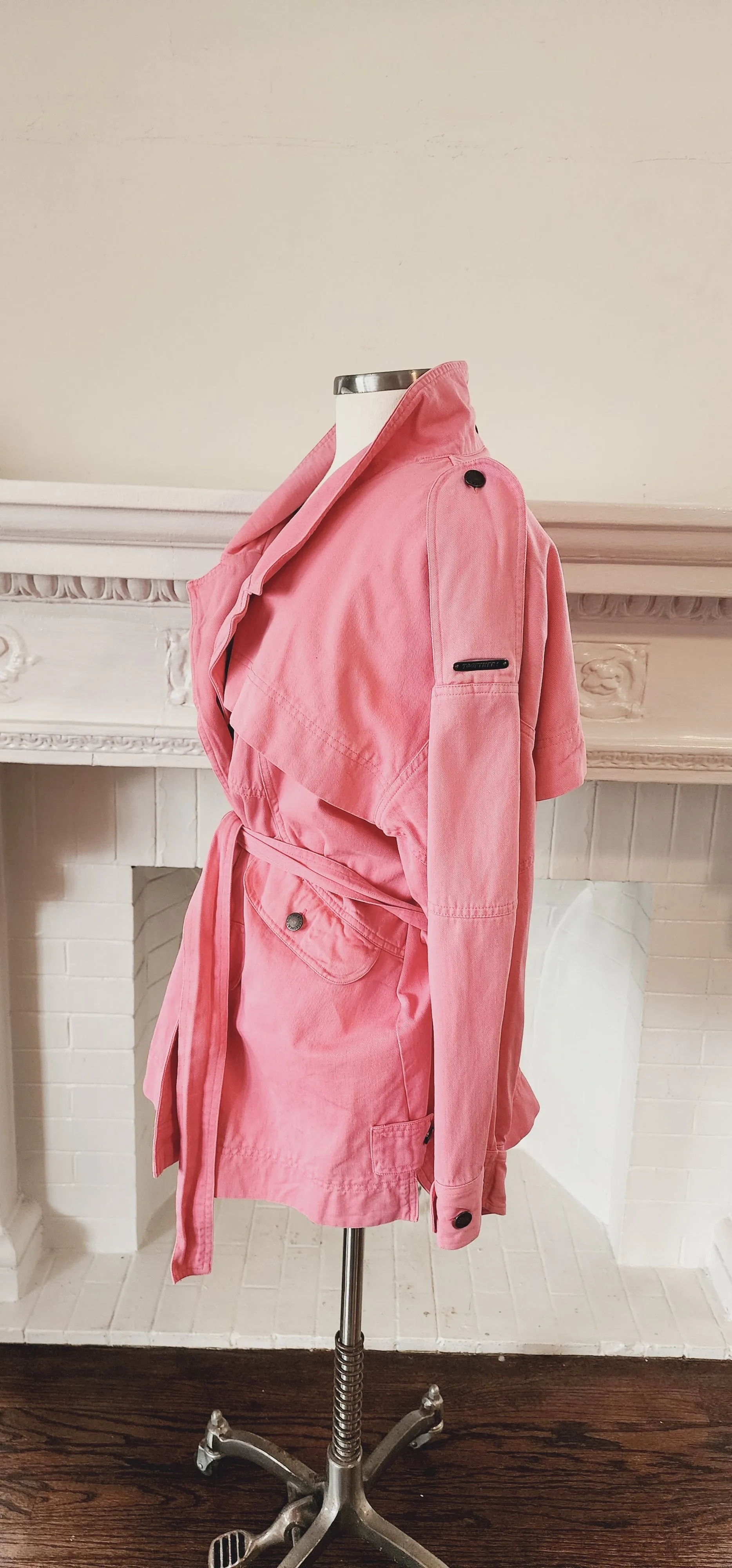 80s 90s Pink Cotton Denim Jacket Hip Length with Matching Belt by Together! Large