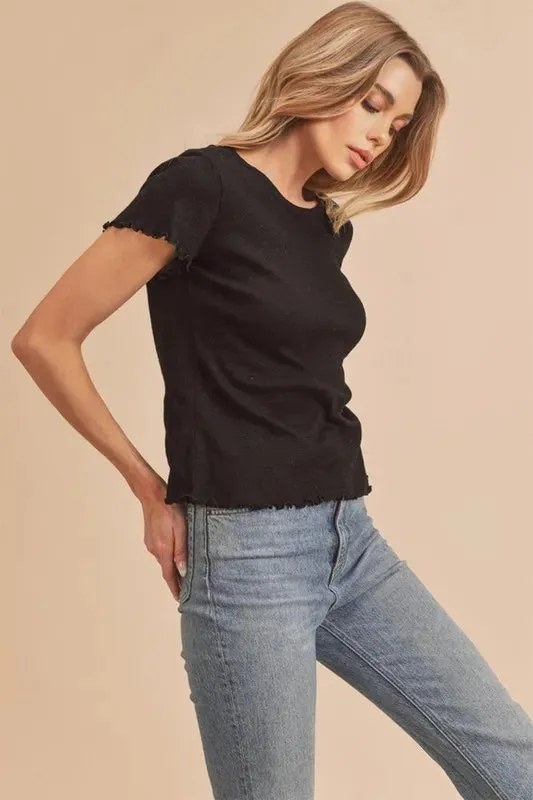 Aemi Co Round Neck Lettuce Hem Short Sleeve T-Shirt