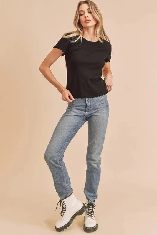 Aemi Co Round Neck Lettuce Hem Short Sleeve T-Shirt