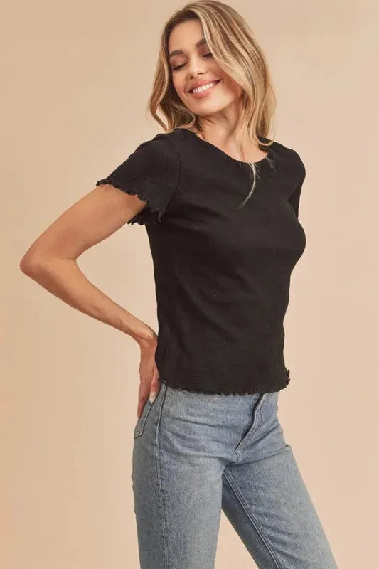 Aemi Co Round Neck Lettuce Hem Short Sleeve T-Shirt