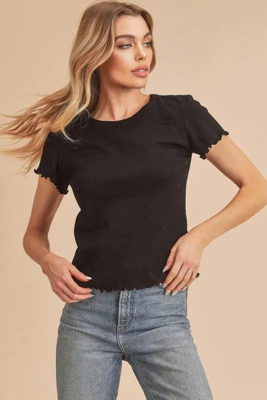 Aemi Co Round Neck Lettuce Hem Short Sleeve T-Shirt