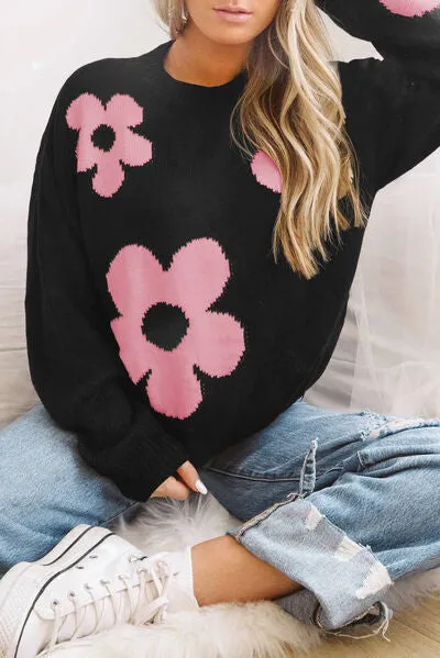 Alice Round Neck Floral Pattern Color Contrast  Design Long Sleeve Sweater