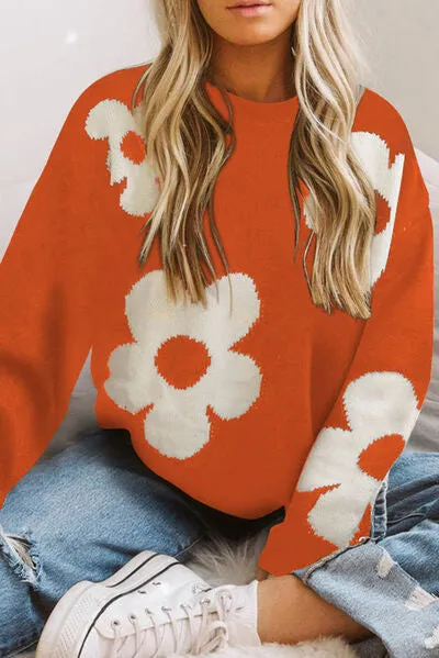 Alice Round Neck Floral Pattern Color Contrast  Design Long Sleeve Sweater