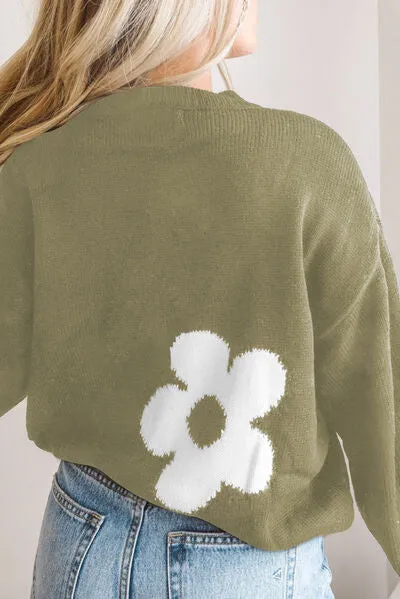 Alice Round Neck Floral Pattern Color Contrast  Design Long Sleeve Sweater
