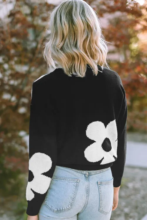 Alice Round Neck Floral Pattern Color Contrast  Design Long Sleeve Sweater