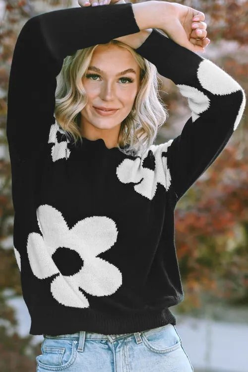Alice Round Neck Floral Pattern Color Contrast  Design Long Sleeve Sweater