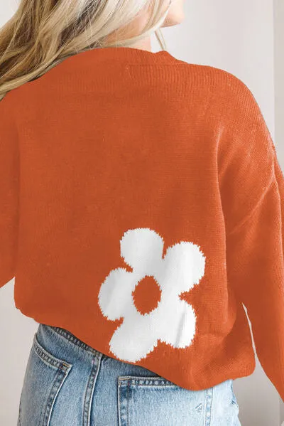 Alice Round Neck Floral Pattern Color Contrast  Design Long Sleeve Sweater