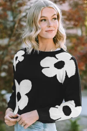 Alice Round Neck Floral Pattern Color Contrast  Design Long Sleeve Sweater