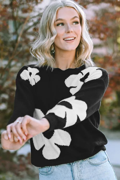 Alice Round Neck Floral Pattern Color Contrast  Design Long Sleeve Sweater