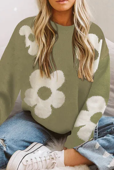 Alice Round Neck Floral Pattern Color Contrast  Design Long Sleeve Sweater