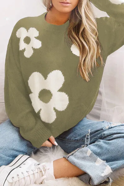Alice Round Neck Floral Pattern Color Contrast  Design Long Sleeve Sweater