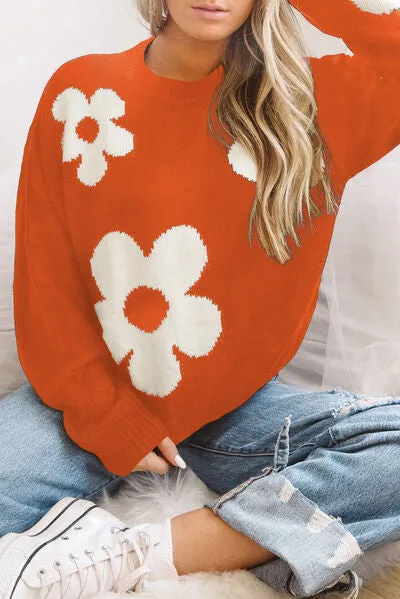 Alice Round Neck Floral Pattern Color Contrast  Design Long Sleeve Sweater