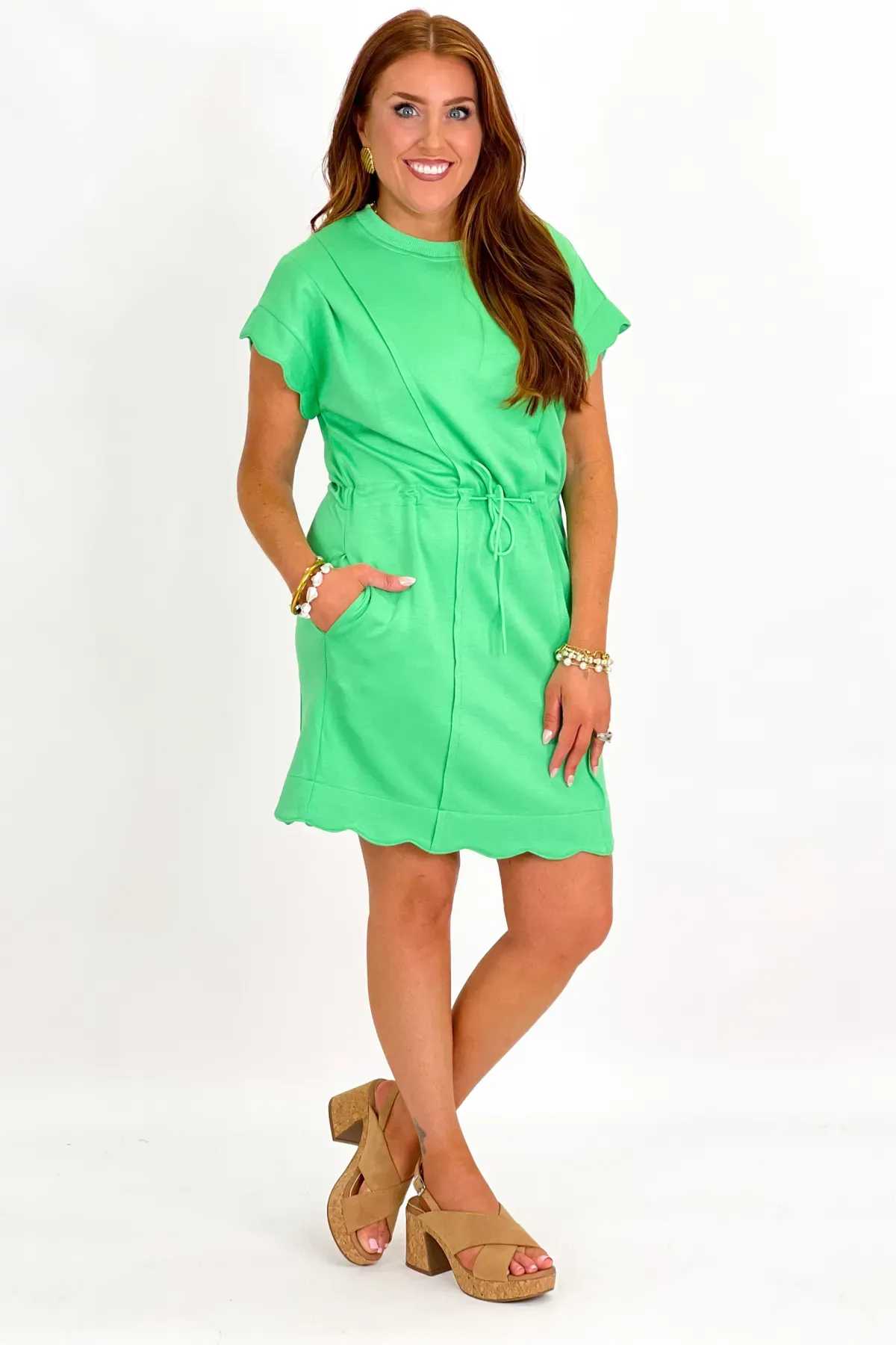 Apple Green Scalloped Hem Tie Dress