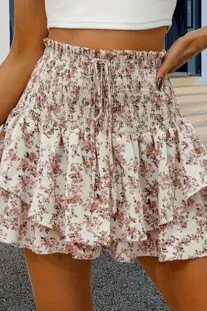 Apricot Floral Printed Drawstring Elastic Waist Layered Skort