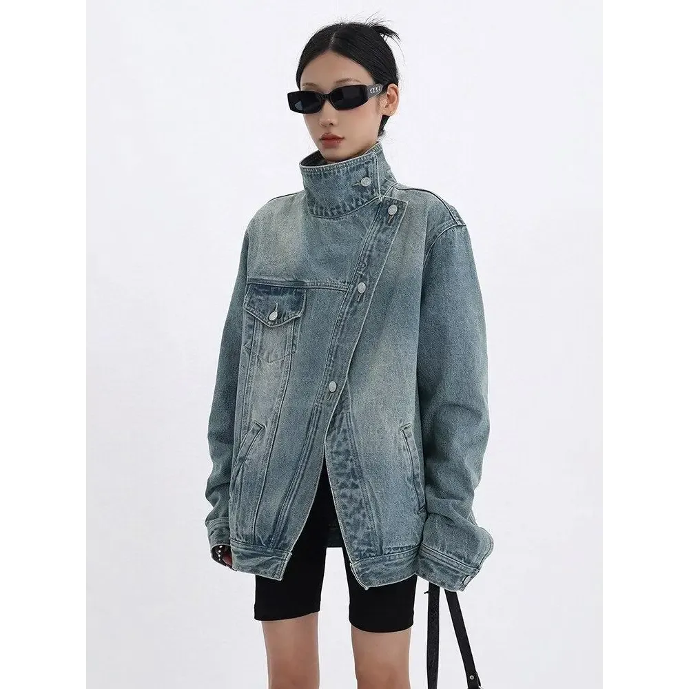 Asymmetrical Denim Jacket with High Collar in Dark Wash