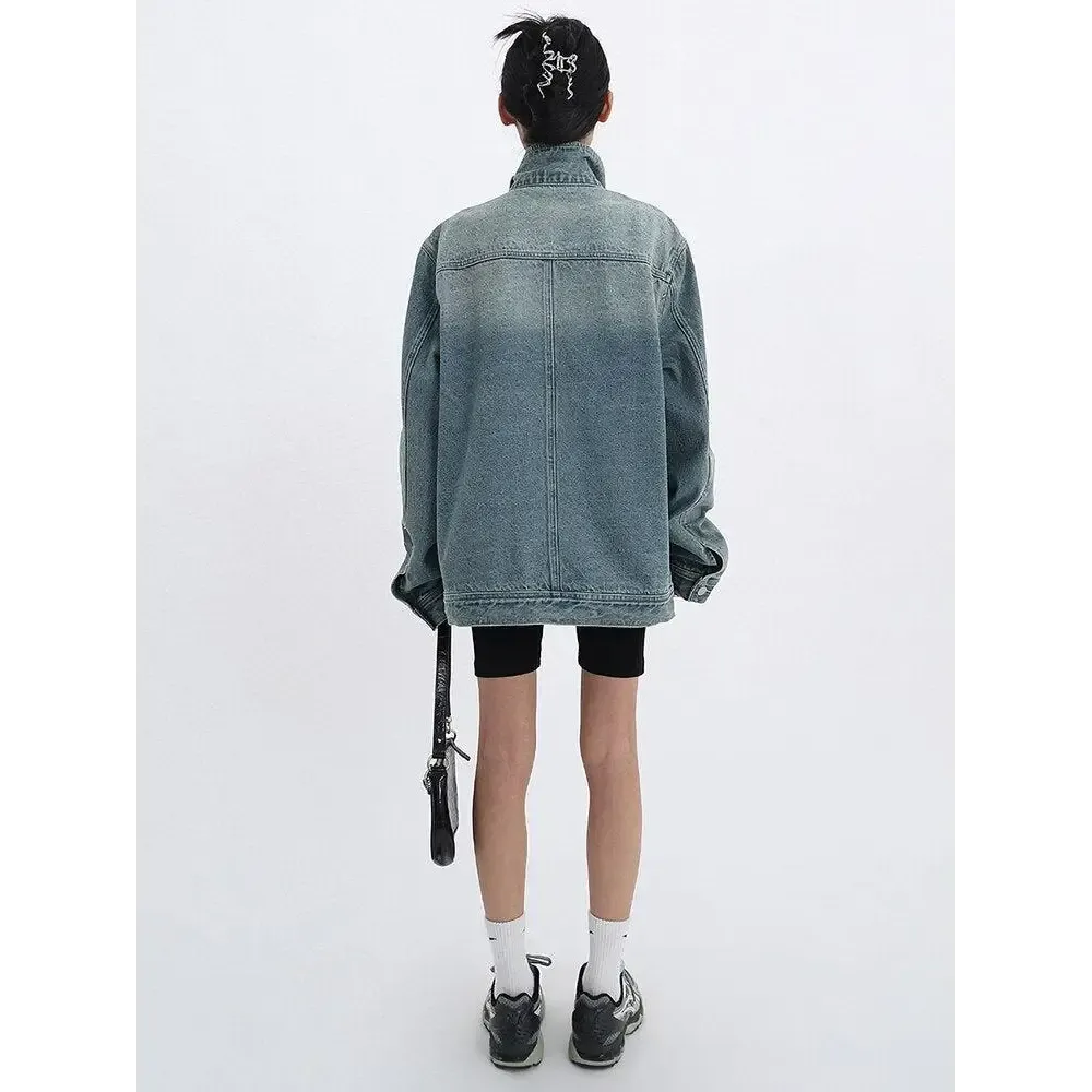 Asymmetrical Denim Jacket with High Collar in Dark Wash