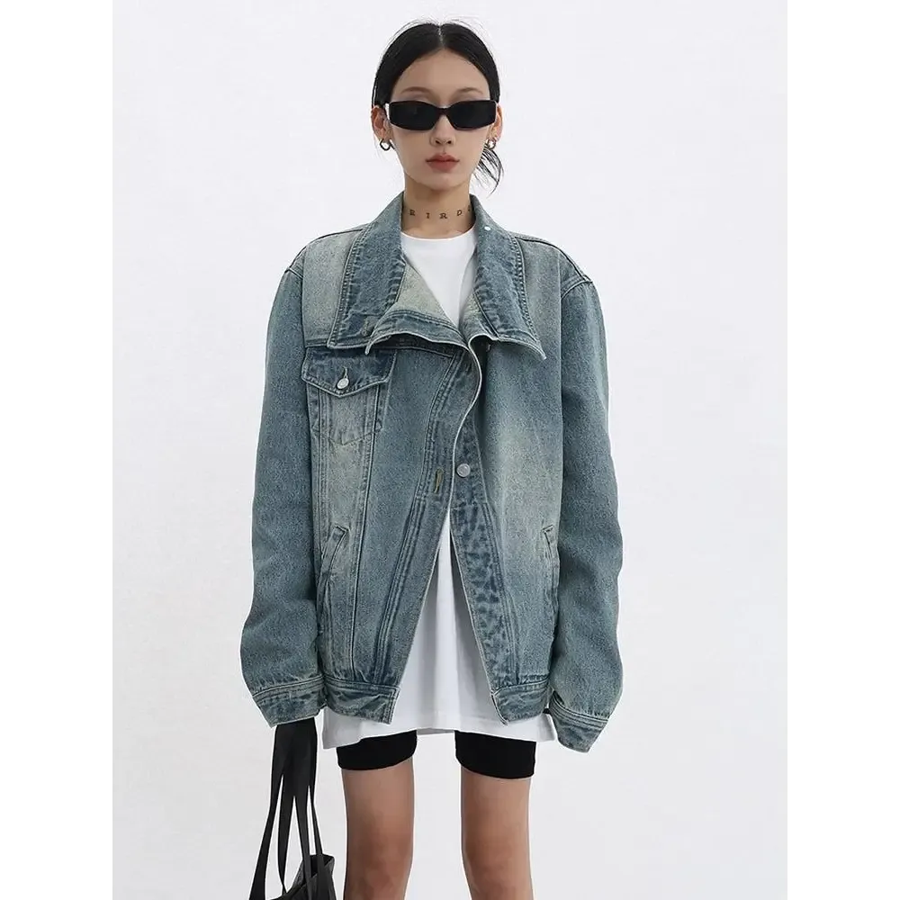 Asymmetrical Denim Jacket with High Collar in Dark Wash
