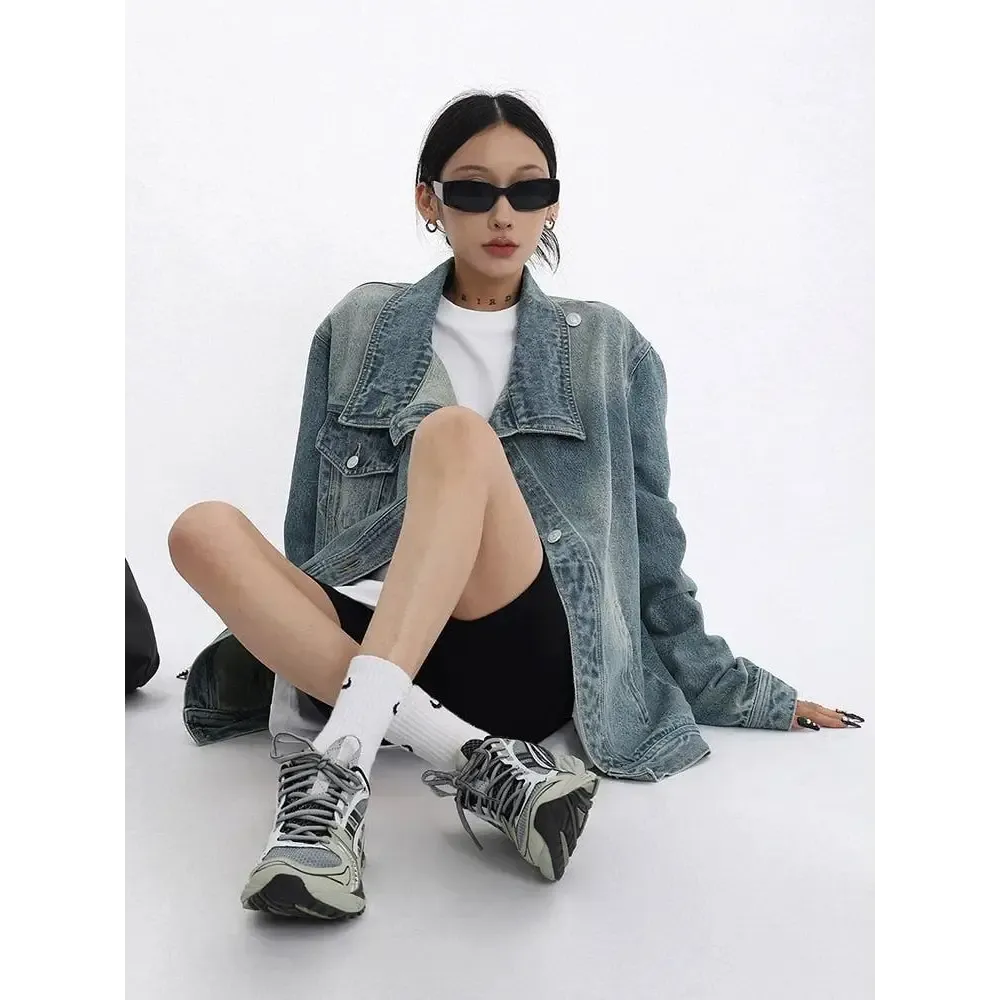 Asymmetrical Denim Jacket with High Collar in Dark Wash