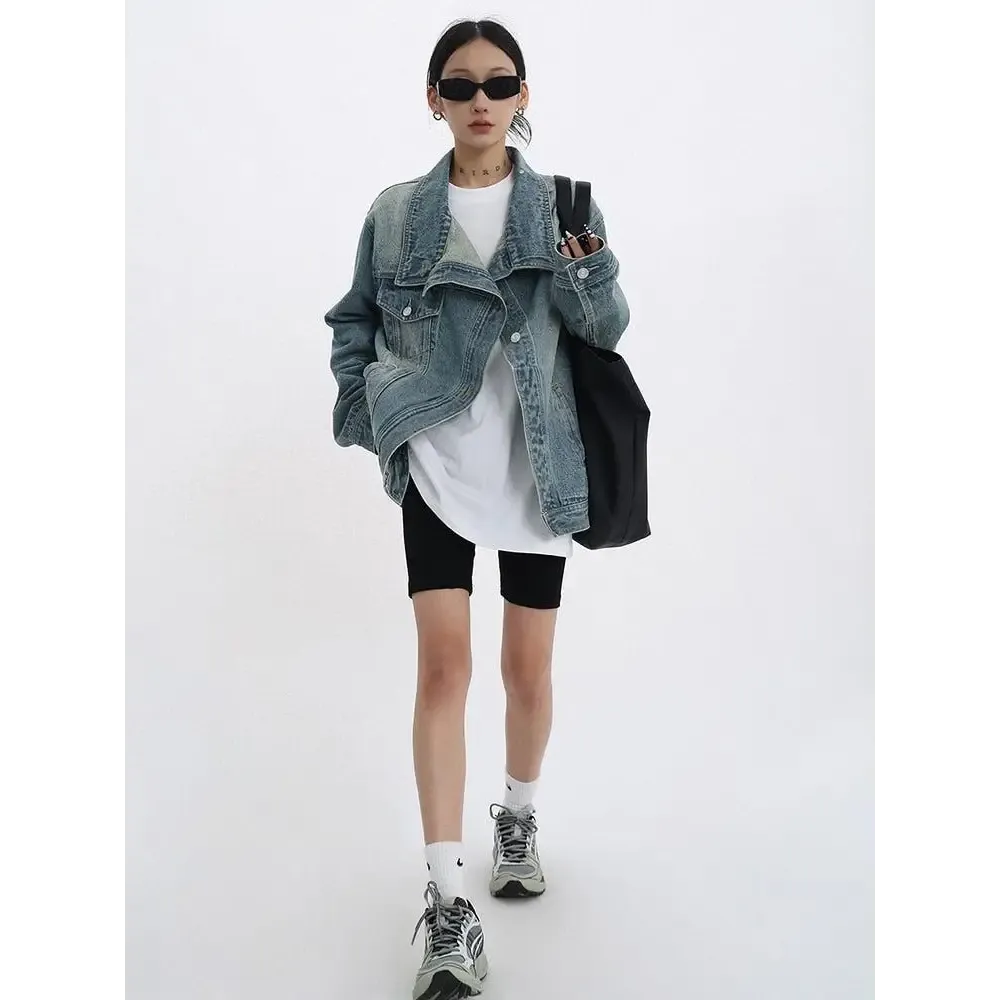 Asymmetrical Denim Jacket with High Collar in Dark Wash
