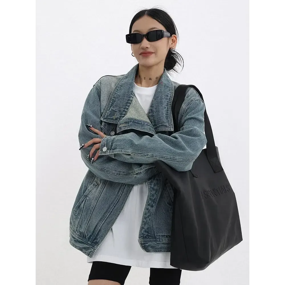 Asymmetrical Denim Jacket with High Collar in Dark Wash