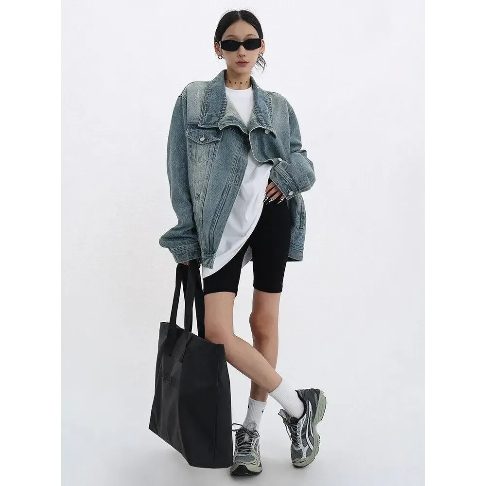 Asymmetrical Denim Jacket with High Collar in Dark Wash