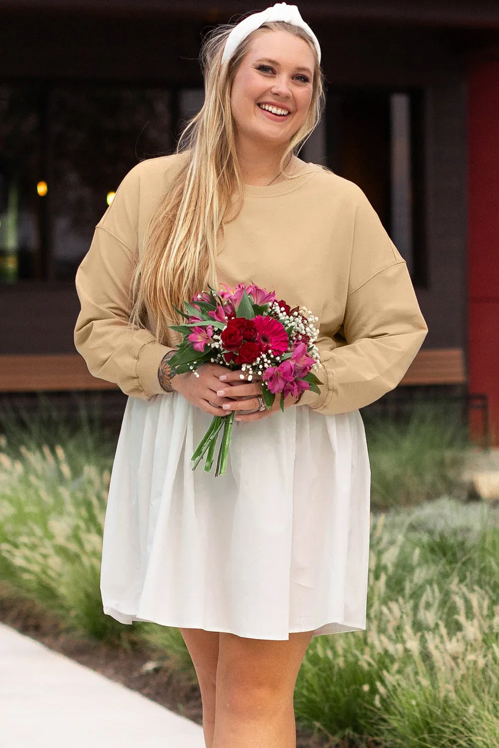 Beige Plaid Patchwork High Waist Sweatshirt Mini Dress