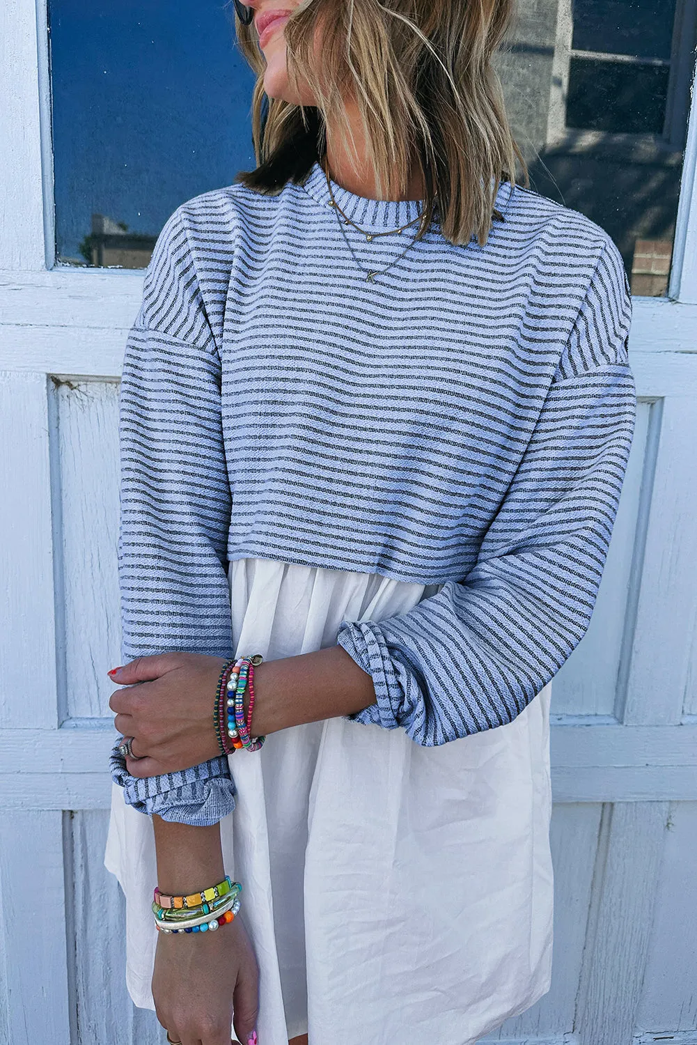 Beige Plaid Patchwork High Waist Sweatshirt Mini Dress