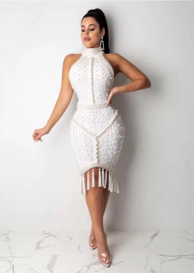 BerryBetty - XL XXL High Quality Celebrity White Black Tassel Beading Sexy Rayon Bandage Dress Cocktail Party Dress