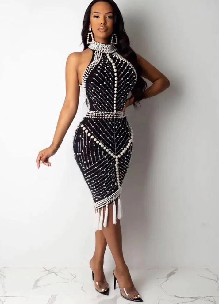 BerryBetty - XL XXL High Quality Celebrity White Black Tassel Beading Sexy Rayon Bandage Dress Cocktail Party Dress