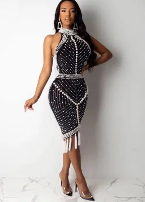 BerryBetty - XL XXL High Quality Celebrity White Black Tassel Beading Sexy Rayon Bandage Dress Cocktail Party Dress