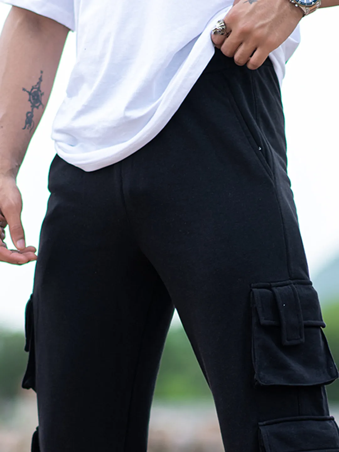Black Four Pockets Cargo Men's Track Pants