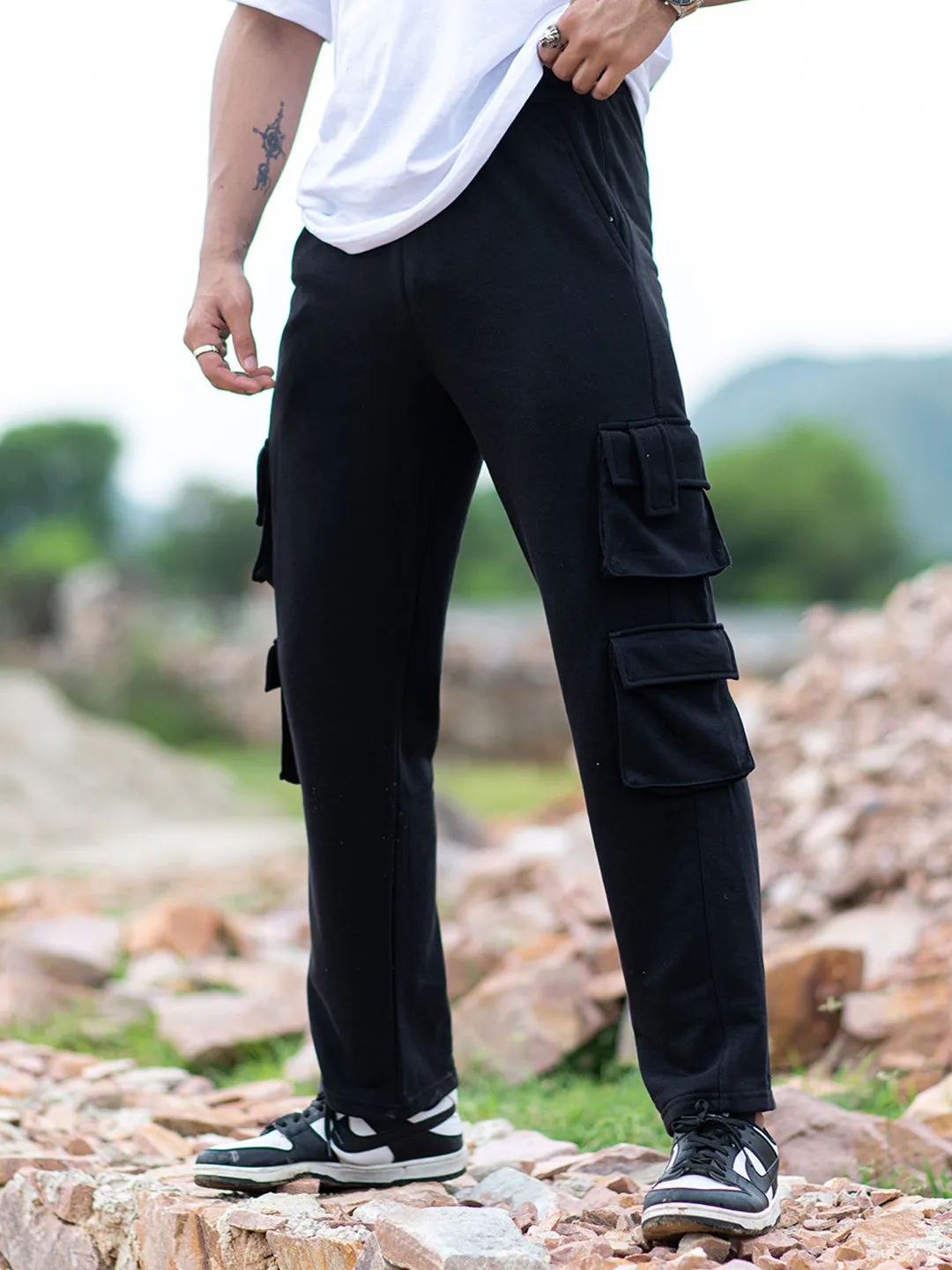 Black Four Pockets Cargo Men's Track Pants