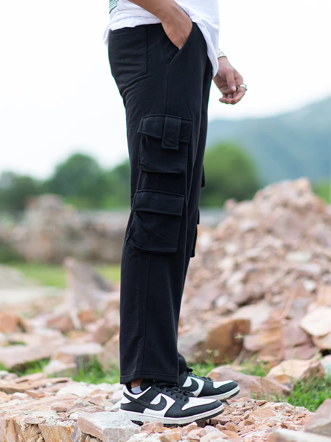 Black Four Pockets Cargo Men's Track Pants