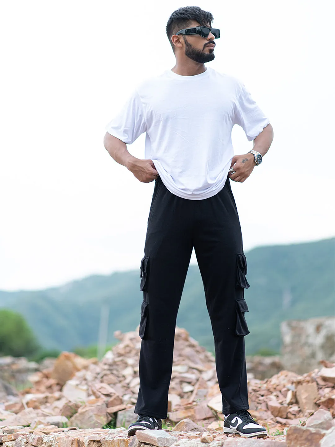 Black Four Pockets Cargo Men's Track Pants