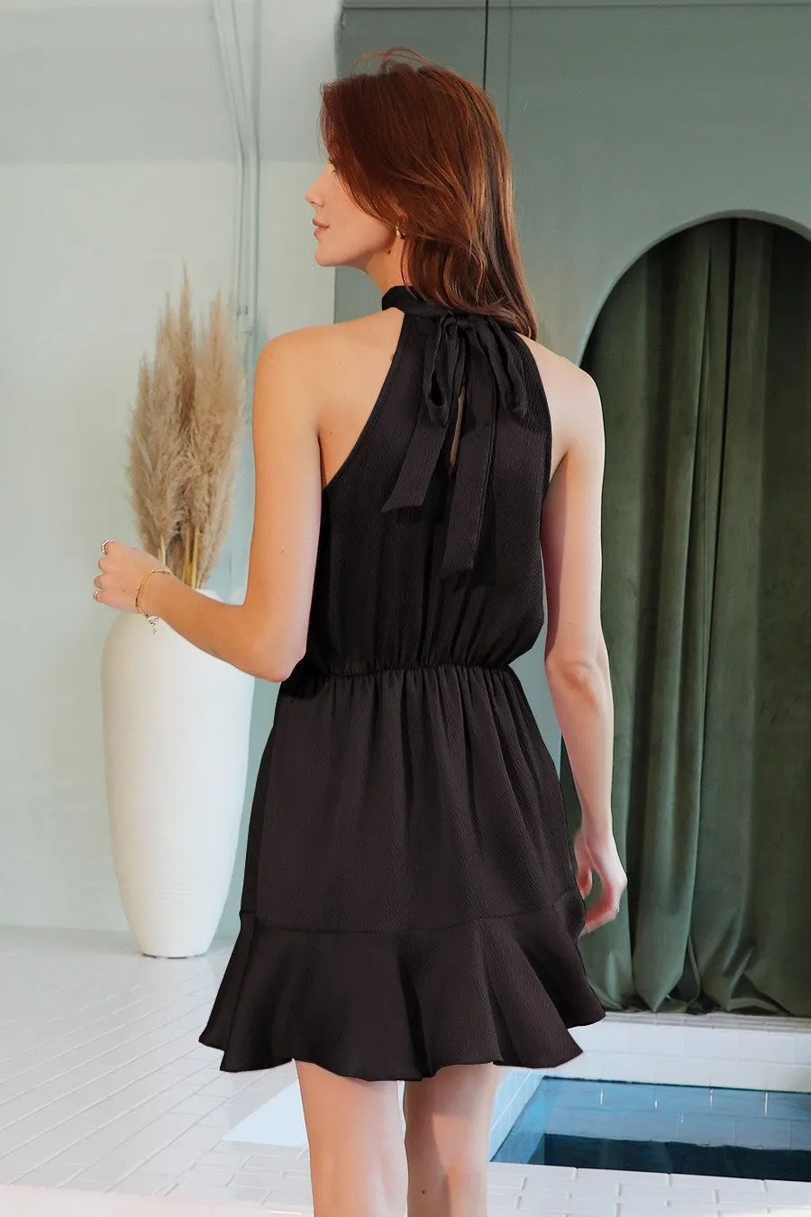 Black Hammered Satin Flare Halter Dress - Final Sale**