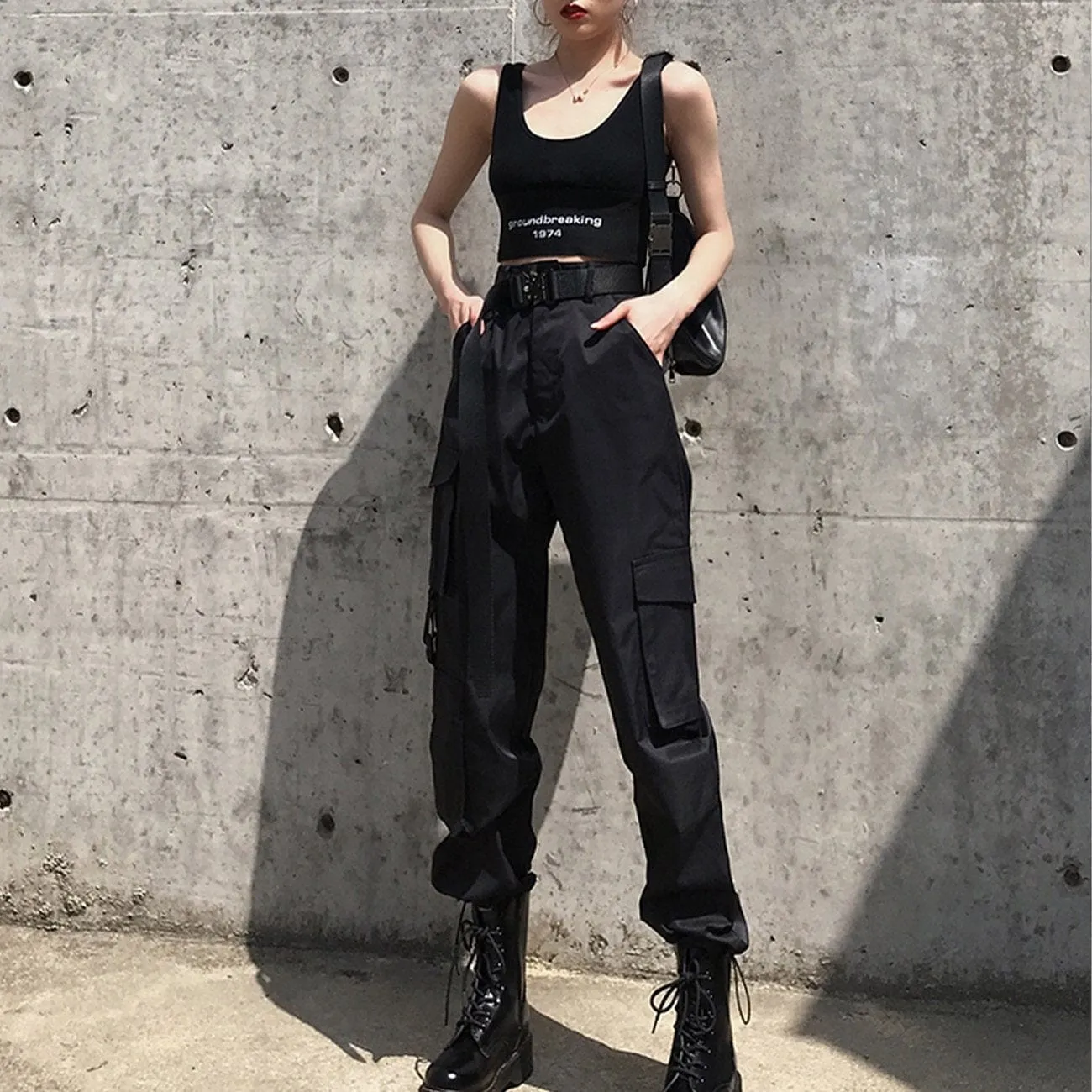 Black Personalized Belt Cargo Pants