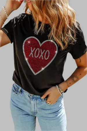 Black Rhinestone XOXO Heart Graphic Crewneck Tee