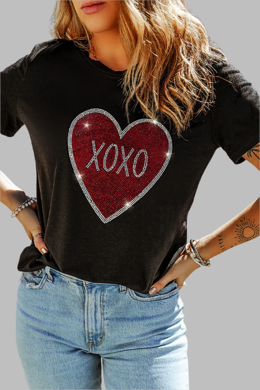 Black Rhinestone XOXO Heart Graphic Crewneck Tee