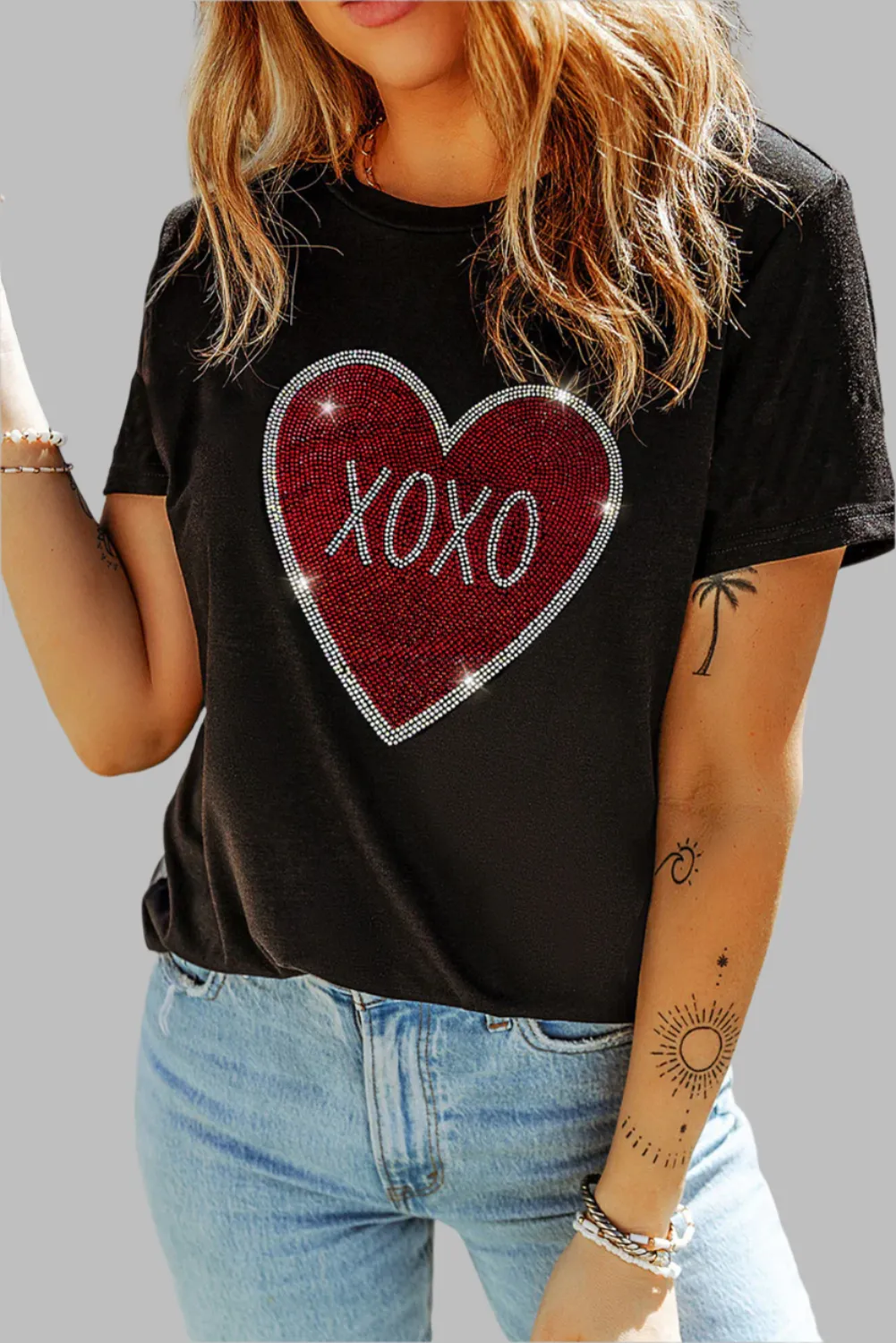Black Rhinestone XOXO Heart Graphic Crewneck Tee