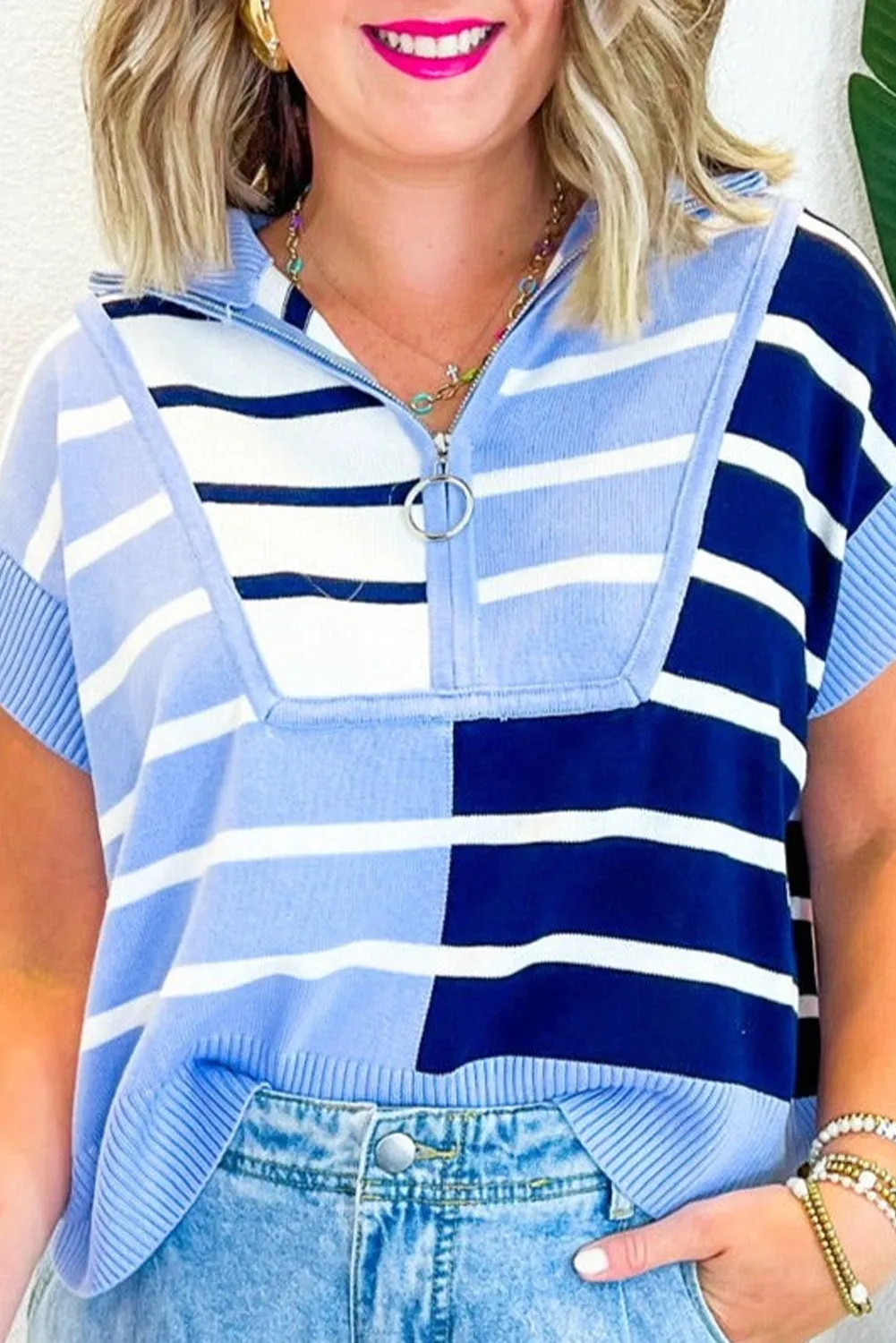 Black Stripe Color Block Quarter Zip Collar Short Sleeve Sweater Dress