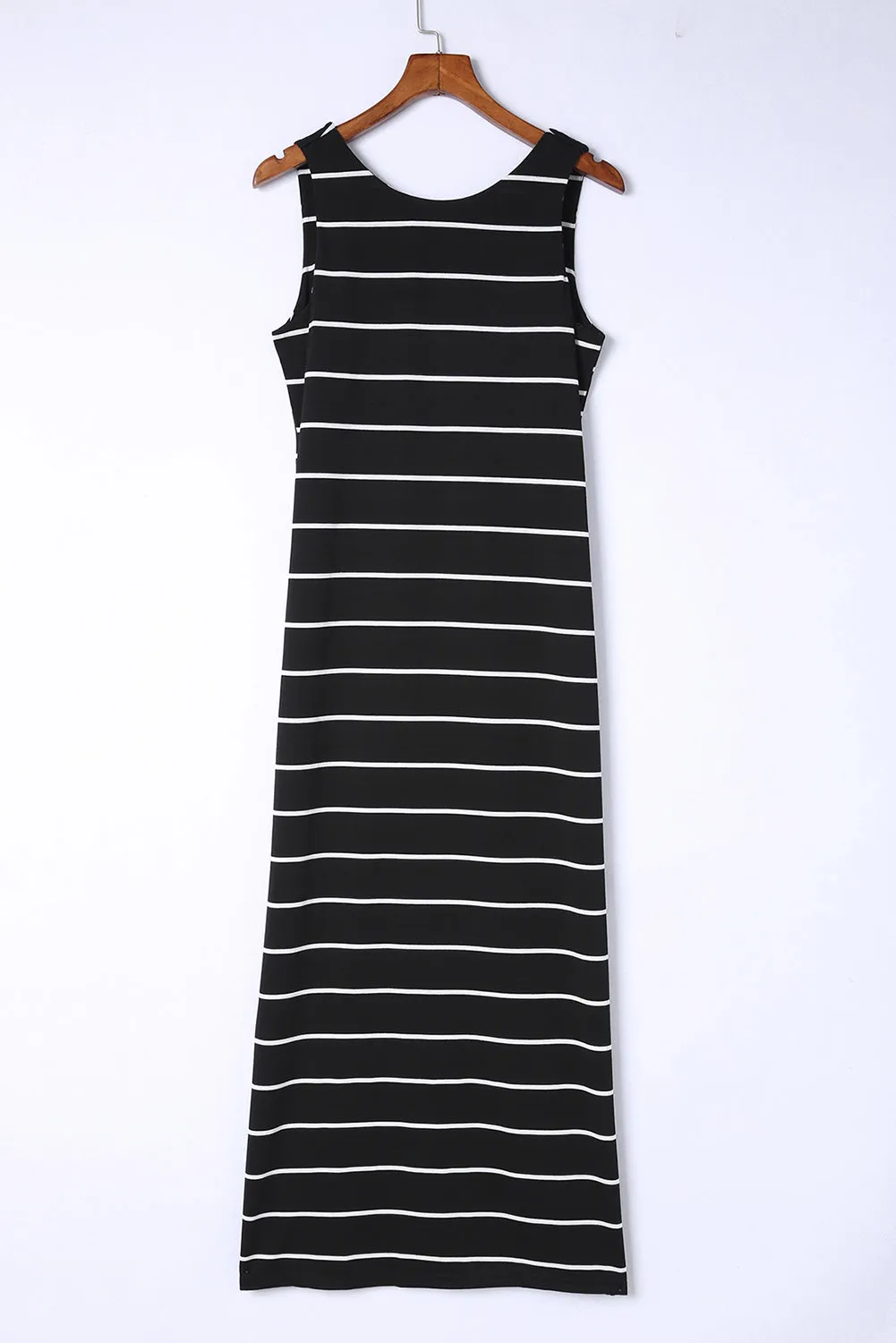 Black Stripe Print Open Back Sleeveless Maxi Dress with Slits