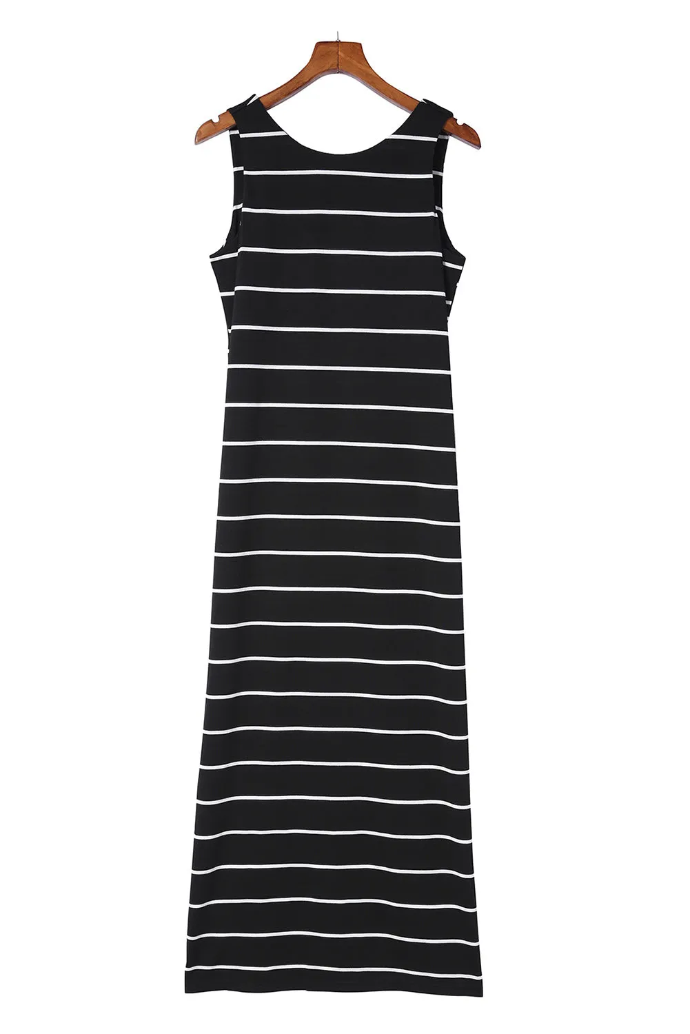 Black Stripe Print Open Back Sleeveless Maxi Dress with Slits